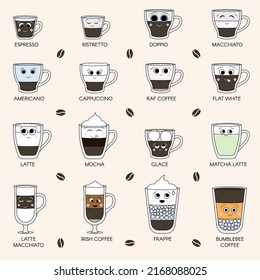 Cute coffee cups with emotions. Lovely menu for cafe