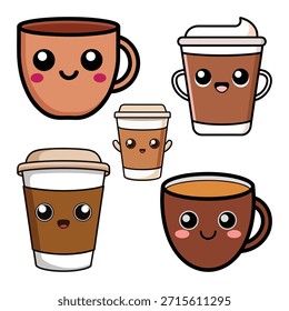 Cute coffee cups with happy faces mugs kawaii