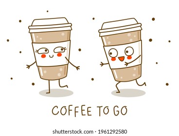 Cute coffee cups isolated on white - cartoon characters for coffee to go design