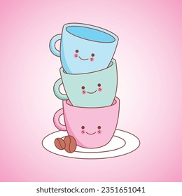 cute coffee cups kawaii . vector illustration