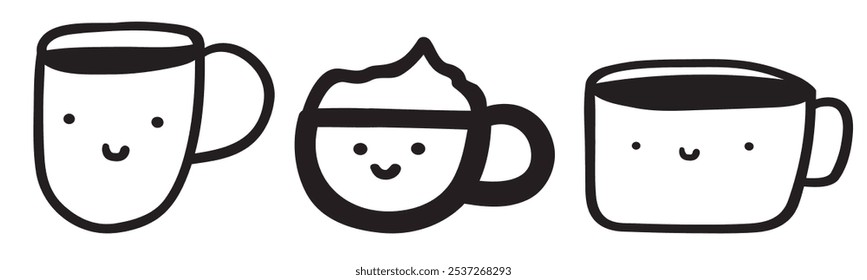 Cute coffee cups. Outline isolated icons. Smiling characters. Childish art. Hand drawn illustrations on white background.