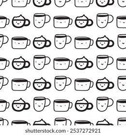 Cute coffee cups. Seamless pattern. Outline design. Graphic design. Hand drawn illustrations on white background.