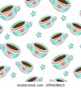 Cute coffee cups with white background, seamless pattern, vector illustration.