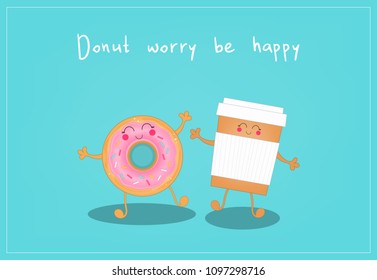 Cute coffee and donut. Morning breakfast. Vector illustration.