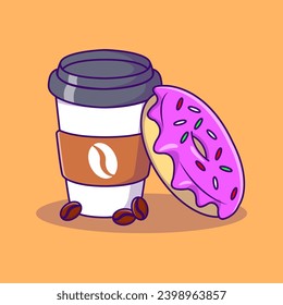 Cute Coffee And a Doughnut Cartoon Vector Icons Illustration. Flat Cartoon Concept. Suitable for any creative project.