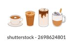 Cute coffee drinks collection, kawaii cups with latte art, whipped cream, boba tea, and cozy espresso. Adorable hot beverages set, cartoon flat vector illustration for cafe menu, stickers