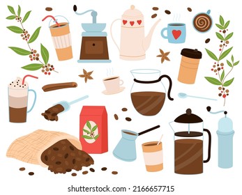Cute coffee elements. Espresso, cappuccino stickers. Morning hot drinks, mugs and coffee maker. Black beans in bag, cafe bakery art objects decent vector set