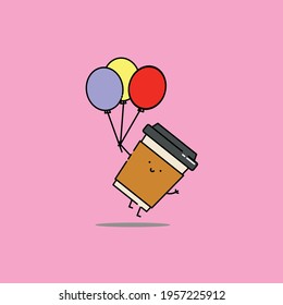 Cute coffee fly with balloon Illustration. junk food. fast food. modern simple food vector icon, flat graphic symbol in trendy flat design style. wallpaper. lockscreen. pattern. frame. children. 