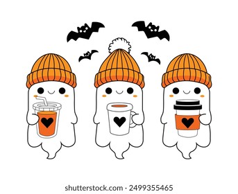 Lindos fantasmas de café Halloween. fantasma bebiendo taza de café. Feliz Halloween. Personaje espeluznante de dibujos animados lindo. Ilustración vectorial