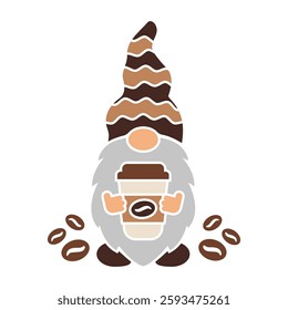 Cute coffee gnome design. Print for coffee lovers. Vector illustration for invitations, banners, posters, menu. Template for plotter cutting