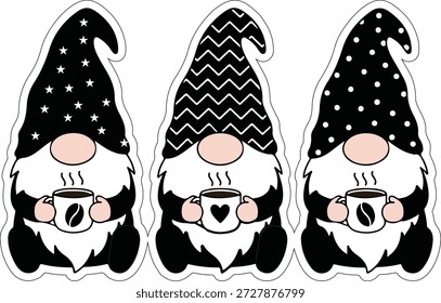 Set de pegatinas de gnomo de café lindo con sombreros de patrón negro Ilustración vectorial de dibujos animados nórdicos escandinavos