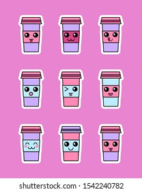 Cute coffee to go cup. Coffee cups with kawaii faces. Flat cartoon vector illustration.