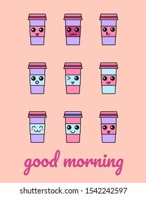 Cute coffee to go cup. Coffee cups with kawaii faces. Flat cartoon vector illustration.