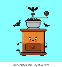 Cute coffee grinder character celebrating Halloween, holding a small spider and surrounded by flying bats, a fun spooky illustration for a festive holiday