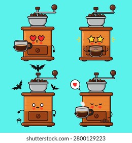 Cute coffee grinder character set illustrating various moods while interacting with coffee cups, featuring expressions of love, surprise, happiness, and spooky Halloween vibes with bats and a spider