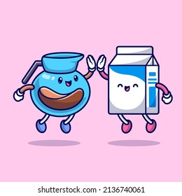 Cute Coffee High Five With Milk Cartoon Vector Icon Illustration. Drink Friend Icon Concept Isolated Premium Vector. Flat Cartoon Style