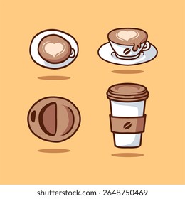 Cute Coffee Icon Set Cartoon Style Cups, Beans, and To-Go Coffee