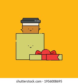 Cute coffee inside gift box Illustration. modern simple food vector icon, flat graphic symbol in trendy flat design style. wallpaper. lockscreen. pattern. frame. background. backdrop.
