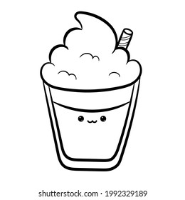 Cute coffee, latte, cappuccino or cocoa with whipped foam in a glass. Kawaii sweets. Coloring book. Vector illustration.