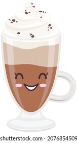 Cute coffee latte with froth and syrup sticker kawaii icon vector design. Adorable hot drink in glass with positive emotion, japanese, oriental culture symbol anime, innocence and childishness