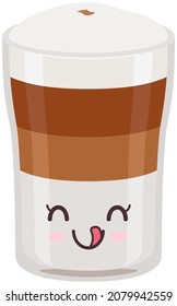 Cute coffee latte with froth and syrup sticker kawaii icon vector design. Adorable hot drink in glass with positive emotion, japanese, oriental culture symbol anime, innocence and childishness