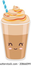 Cute coffee latte with froth and syrup sticker kawaii icon vector design. Adorable hot drink in glass with positive emotion, japanese, oriental culture symbol anime, innocence and childishness