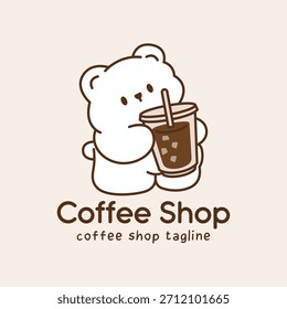 Logo de café lindo con el oso que sostiene la bebida helada. Encantadora mascota para la marca de cafeterías y bebidas.