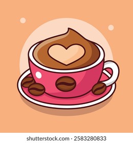 Cute Coffee Love Foam With Beans, Flat Vector Illustration