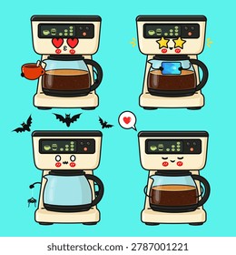 Cute coffee machine cartoon characters portraying different emotions and concepts, from love to Halloween, on a blue background