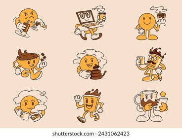 cute coffee mascot illustration set design in funny retro style with coffee cafe activity.