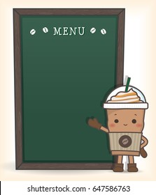 Cute coffee menu blackboard with Coffee mascot character smiling beside. Vector isolated. 