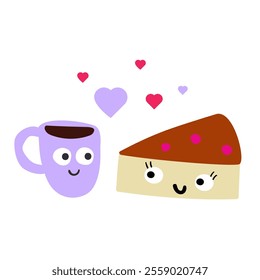 Cute coffee mug and cake. Romantic scene about fall in love.  Design for Valentine's day. Flat illustration on white background.