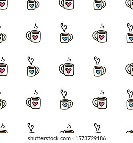 Cute Coffee Mug Cartoon Seamless Vector Pattern. Hand Drawn Blue Ceramic Kitchen Tile. All Over Print For Hot Drink Blog, Kitchenware Graphic, Household Home Decor. 