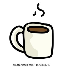 Cute Coffee Mug Cartoon Vector Illustration. Hand Drawn Hot Drink Element Clip Art for Kitchen Concept. Breakfast Graphic, Drink and Crockery Web Button Doodle Motif. 