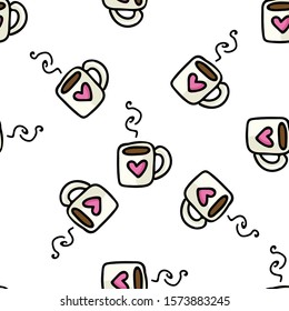 Cute Coffee Mug Cartoon Vector Illustration. Hand Drawn Hot Drink Element Clip Art for Kitchen Concept. Breakfast Graphic, Drink and Crockery Web Button Doodle Motif. With Pink Heart. 