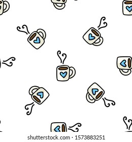 Cute Coffee Mug Cartoon Vector Illustration. Hand Drawn Hot Drink Element Clip Art for Kitchen Concept. Breakfast Graphic, Drink and Crockery Web Button Doodle Motif. With Blue Heart. 