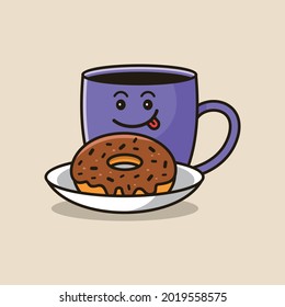 Cute coffee in mug with chocolate donut vector cartoon illustration