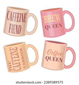 Cute coffee mug with funny quote collection. Pastel pink and beige color hot drink cup with typography for coffee lovers, isolated design elements for coffeeshop decoration. Cute coffee stickers