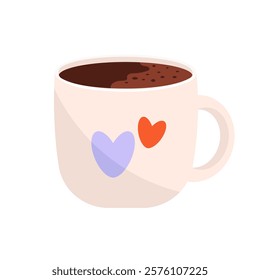 Cute coffee mug with hearts. Warm beverage illustration. Isolated on white background