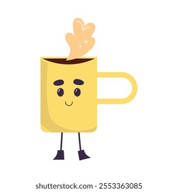 Cute Coffee Mug Product with Smiling Face and Legs Vector Illustration