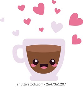 Cute coffee mug with smiling face and floating hearts, perfect for love-themed designs, Valentine’s Day, and warm drink illustrations.