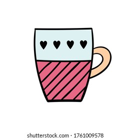 Cute coffee mug with stripes and hearts. Vector hand doodle illustration for restaurant or coffee shop. Good morning, breakfast, drink, coffee, tea.