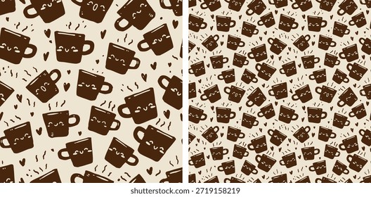 Cute Coffee Mugs Seamless Pattern with Kawaii Faces