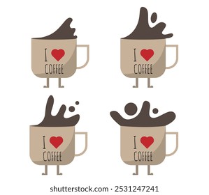 Cute Coffee Mugs with Splashes Flat Style Set. Drinks and beverages concept vector art