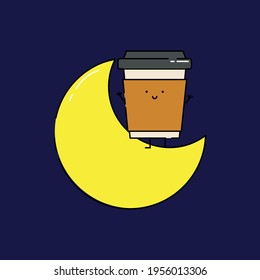 Cute coffee on crescent moon Illustration. junk food. fast food. modern simple food vector icon, flat graphic symbol in trendy flat design style. wallpaper. lockscreen. pattern. frame. children.