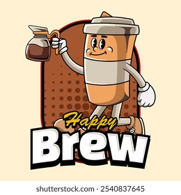 Cute Coffee Paper Cup Cartoon Character Mascot Vector Illustration in Vintage Retro 70s 80s Groovy Style for sticker, poster, flyer, brochure, invitation, greeting card, banner