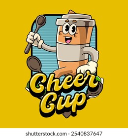 Cute Coffee Paper Cup Cartoon Character Mascot Vector Illustration in Vintage Retro 70s 80s Groovy Style for sticker, poster, flyer, brochure, invitation, greeting card, banner