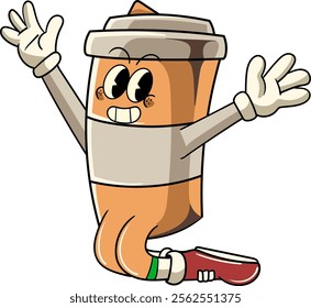 Cute Coffee Paper Cup Cartoon Character in Retro 70s Illustration