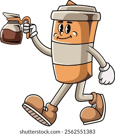 Cute Coffee Paper Cup Cartoon Character in Retro 70s Illustration