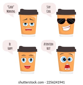 Cute coffee paper cup with different facial expressions.